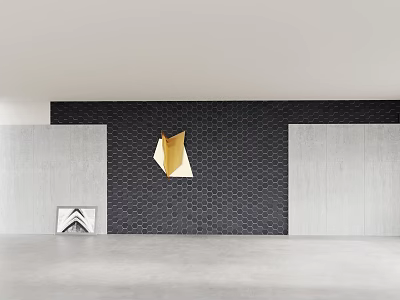 Modern Sofa Background Wall Interior Design With Black Hexagonal Tiles And Golden Decorative Piece 3d model