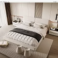 Modern Double Bed with White Headboard Bedding Nightstands Stools and Rug in Modern Bedroom