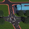 Smart Road Infrastructure At Traffic Intersection With Lights Lanes Street Lamps And Green Landscaping