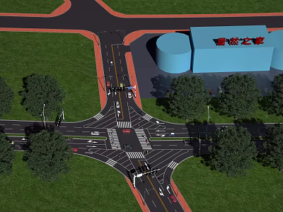 Smart Road Infrastructure At Traffic Intersection With Lights Lanes Street Lamps And Green Landscaping 3d model