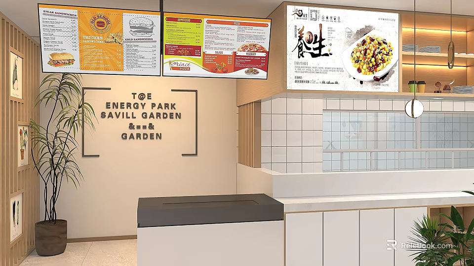 Restaurant Kitchen Interior With Hanging Menu Boards Modern Counter And Tile Wall Design 3d model 