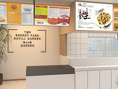 Restaurant Kitchen Interior With Hanging Menu Boards Modern Counter And Tile Wall Design 3d model