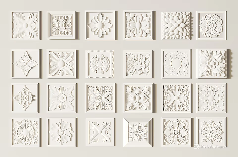 White Decorative Panels Featuring Carved Patterns With Various Floral And Geometric Designs 3d model