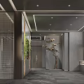 Modern Restaurant Interior With Wooden Wall Green Plants And Circular Chandelier Design