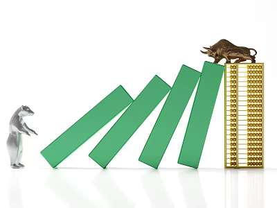 Modern Business Equipment With Bull Bear Symbols On Green Domino And Golden Tower 3d model