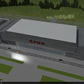Modern Office Building With Glass Curtain Wall Unique Roof Design And Green Lawn Area