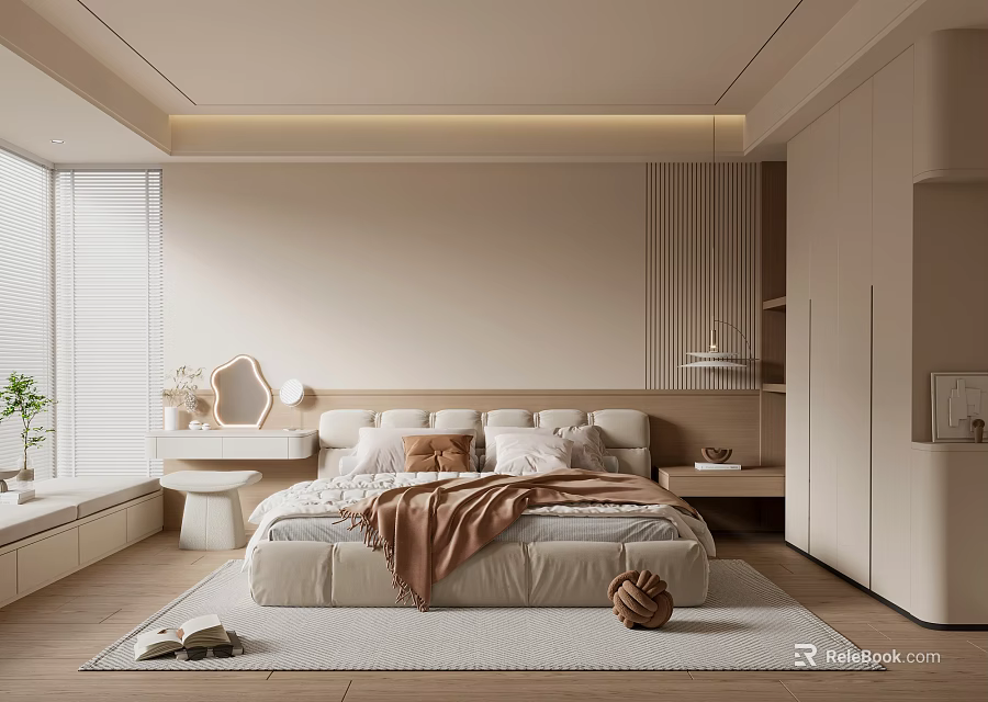 Modern Beige Bedroom Interior With Comfortable Bed Wardrobe And Area Rug 3d model 