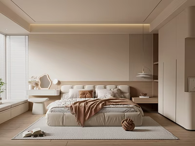 Modern Beige Bedroom Interior With Comfortable Bed Wardrobe And Area Rug 3d model
