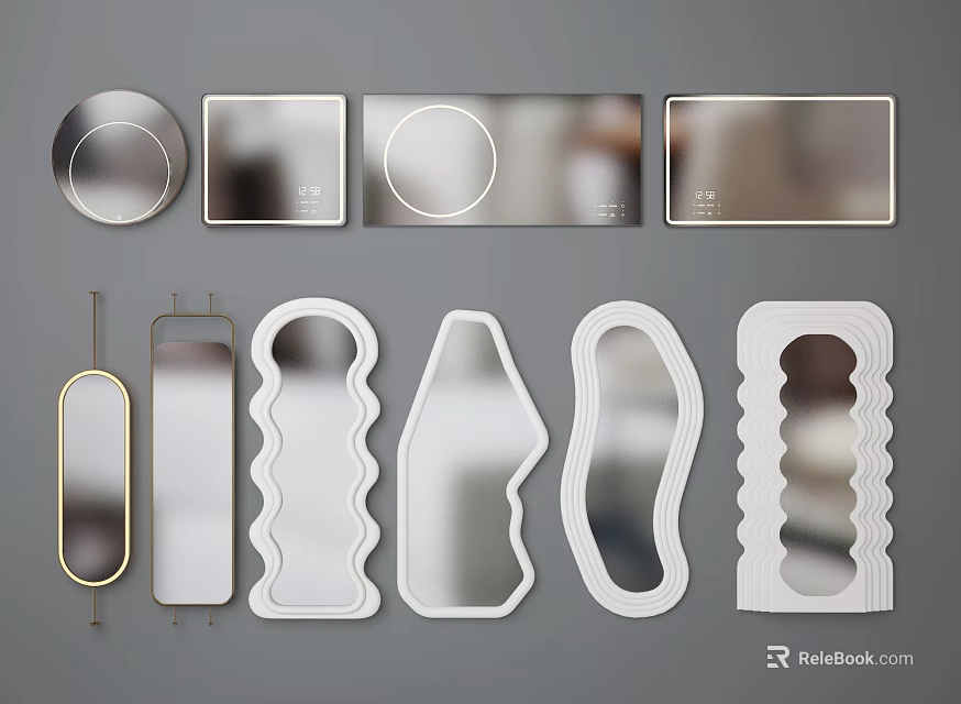 Various Shaped Modern Decorative Mirrors With Gold And White Frames For Home Interior 3d model 