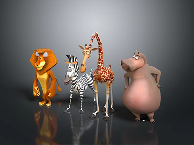 Cartoon Animal Characters Including Lion Zebra Giraffe And Pig Standing Together 3d model
