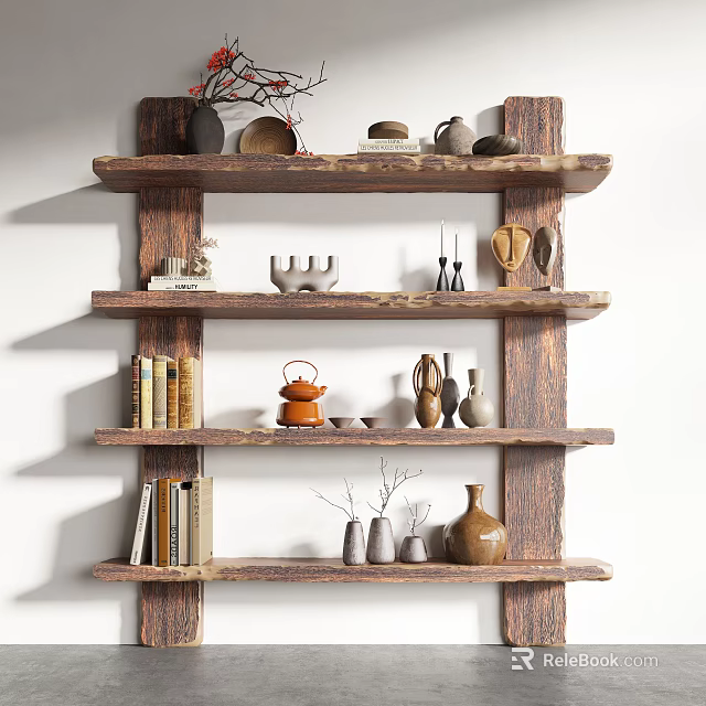 Rustic Wooden Multi Tiered Shelf Displaying Books Teapot Vases And Pottery Decor 3d model 