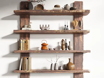 Rustic Wooden Multi Tiered Shelf Displaying Books Teapot Vases And Pottery Decor 3d model