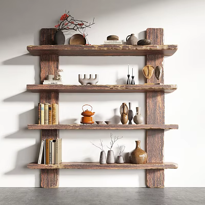 Rustic Wooden Multi Tiered Shelf Displaying Books Teapot Vases And Pottery Decor 3d model