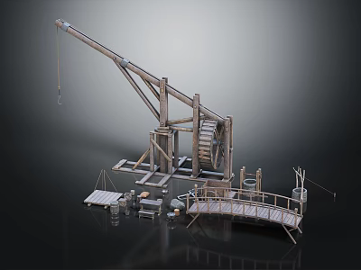 Industrial Equipment Wooden Crane With Mechanical Arm Platform Wheels And Structural Components 3d model