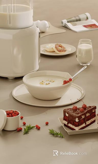 Creamy Dessert in White Bowl with Gold Leaf Red Berries Donuts Chocolate Cake and Milk 3d model 