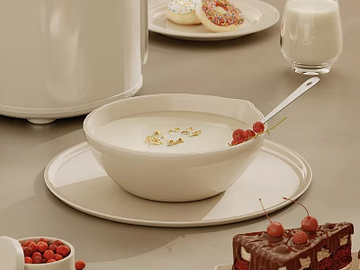 Creamy Dessert in White Bowl with Gold Leaf Red Berries Donuts Chocolate Cake and Milk 3d model