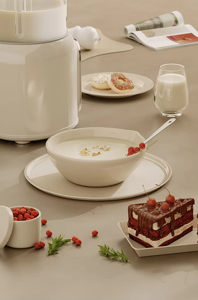 Creamy Dessert in White Bowl with Gold Leaf Red Berries Donuts Chocolate Cake and Milk 3d model