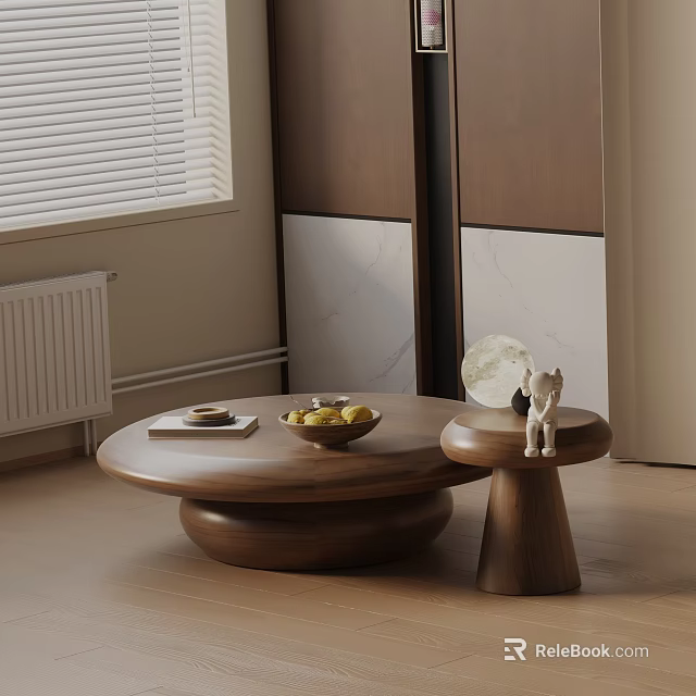 Minimalist Sofa and Coffee Table Set with Wooden Round Top and Decorative Figurine 3d model 