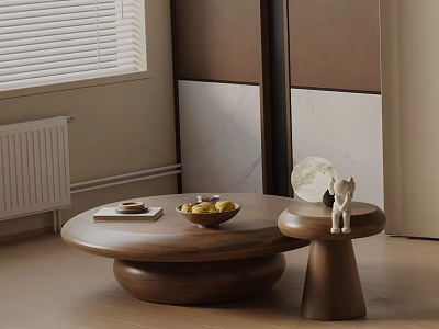 Minimalist Sofa and Coffee Table Set with Wooden Round Top and Decorative Figurine 3d model