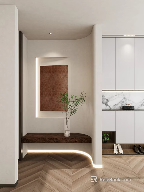 Elegant Indoor Corner Featuring Wooden Shelf Green Plant Decorative Painting And White Cabinets 3d model 