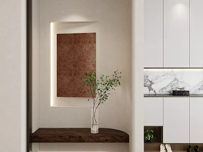 Elegant Indoor Corner Featuring Wooden Shelf Green Plant Decorative Painting And White Cabinets 3d model