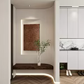 Elegant Indoor Corner Featuring Wooden Shelf Green Plant Decorative Painting And White Cabinets