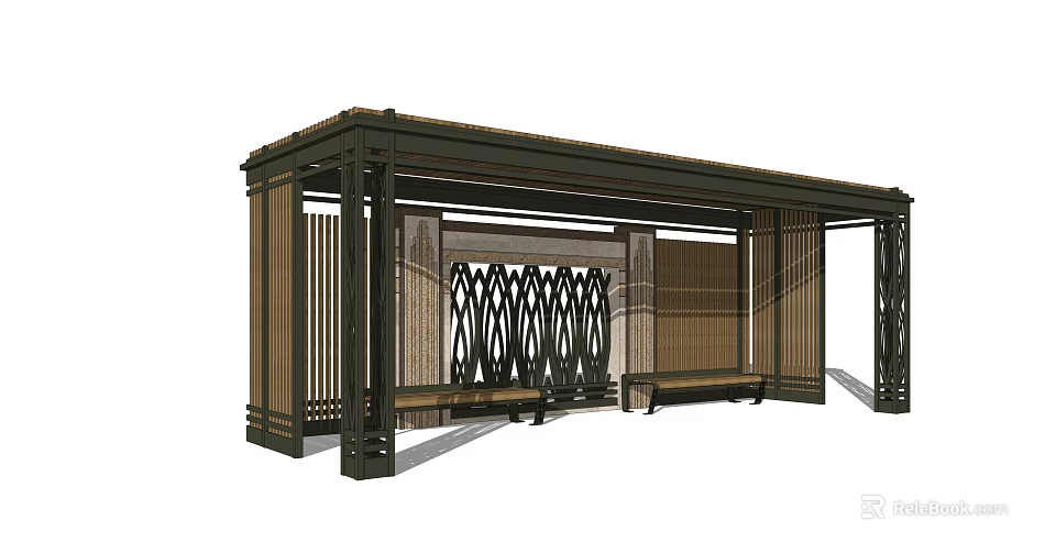 Roofed Outdoor Pergola With Decorative Lattice And Wooden Benches 3d model 