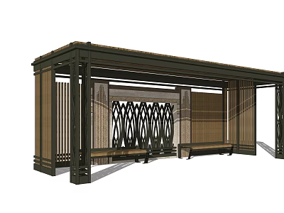 Roofed Outdoor Pergola With Decorative Lattice And Wooden Benches 3d model