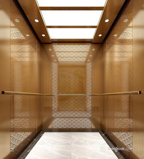 Golden Elevator Interior With Carved Decorations Handrails And Ceiling Lighting 3d model 
