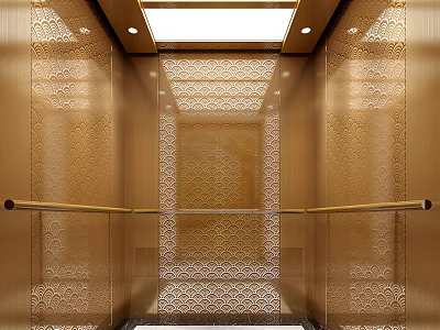 Golden Elevator Interior With Carved Decorations Handrails And Ceiling Lighting 3d model
