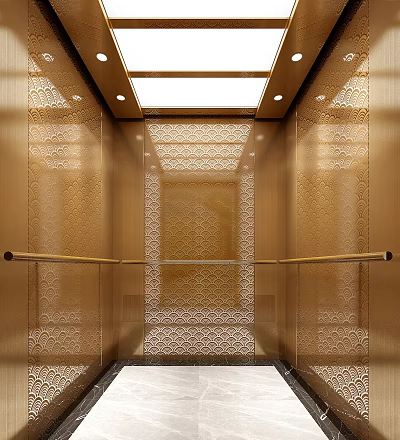 Golden Elevator Interior With Carved Decorations Handrails And Ceiling Lighting 3d model