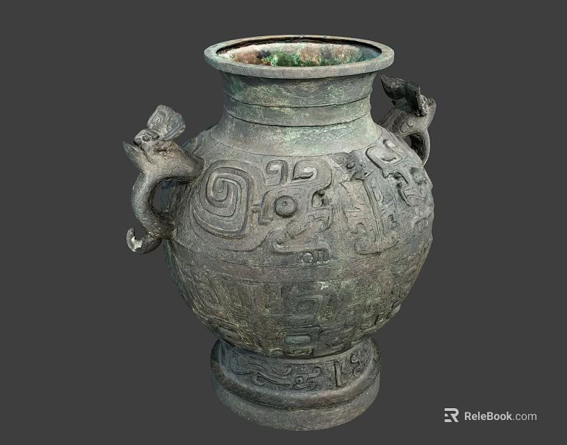 Ancient Bronze Vase With Dragon Handles And Intricate Traditional Carvings 3d model 