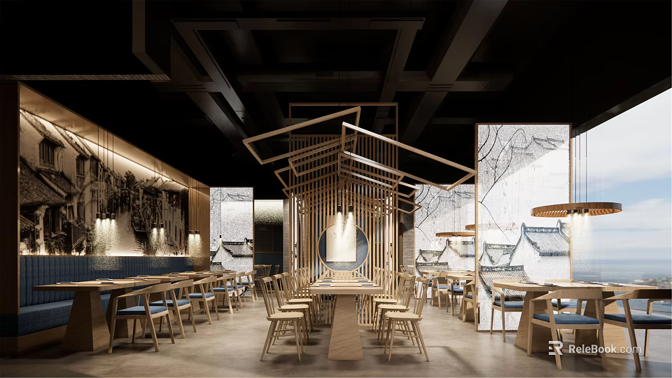Traditional Chinese Restaurant Interior With Wooden Structures Open Layout And Decorative Paintings 3d model 