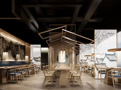 Traditional Chinese Restaurant Interior With Wooden Structures Open Layout And Decorative Paintings 3d model