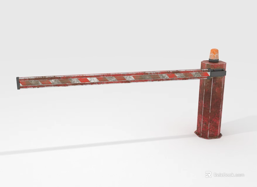 Worn Red And White Striped Parking Barrier With Orange Warning Light Pole 3d model
