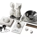 Minimalist Modern Decorative Ornament Set With White Abstract Sculptures Black Bowl Vase And Geometric Cubes