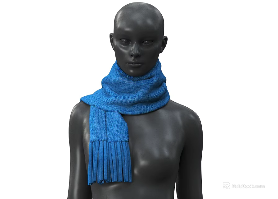Blue Soft Knitted Scarf with Fringe on Black Mannequin 3d model 