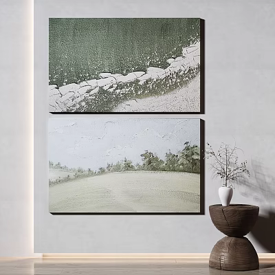 Two Panel Green And White Landscape Paintings With Decorative Vase Interior 3d model