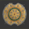Ornate Golden Shield with Green Center Decorative Patterns Riveted Edges and Spikes