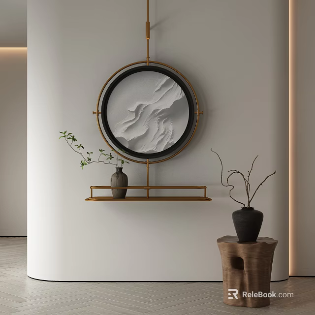Round Abstract Mountain Painting With Black Frame And Gold Stand In Modern Interior Decor 3d model 