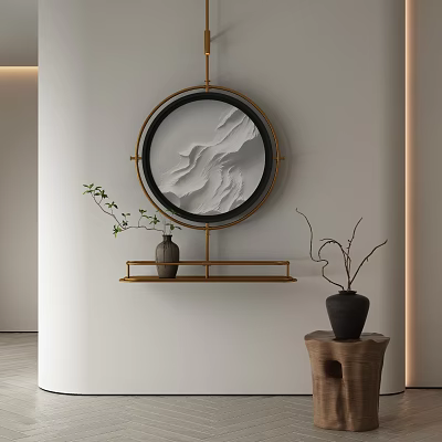Round Abstract Mountain Painting With Black Frame And Gold Stand In Modern Interior Decor 3d model