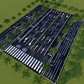 Road Traffic Infrastructure With Multiple Lanes Parking Areas Directional Arrows And Green Belts