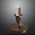 Lit White Candle Placed On Copper Candlestick With Decorative Tray Base And Smooth Surface 3d model