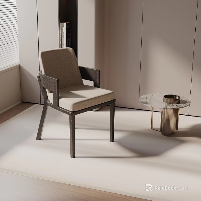 Modern Leisure Chair With Wooden Frame Beige Fabric And Glass Top Metal Base Side Table 3d model 