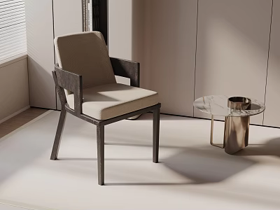 Modern Leisure Chair With Wooden Frame Beige Fabric And Glass Top Metal Base Side Table 3d model