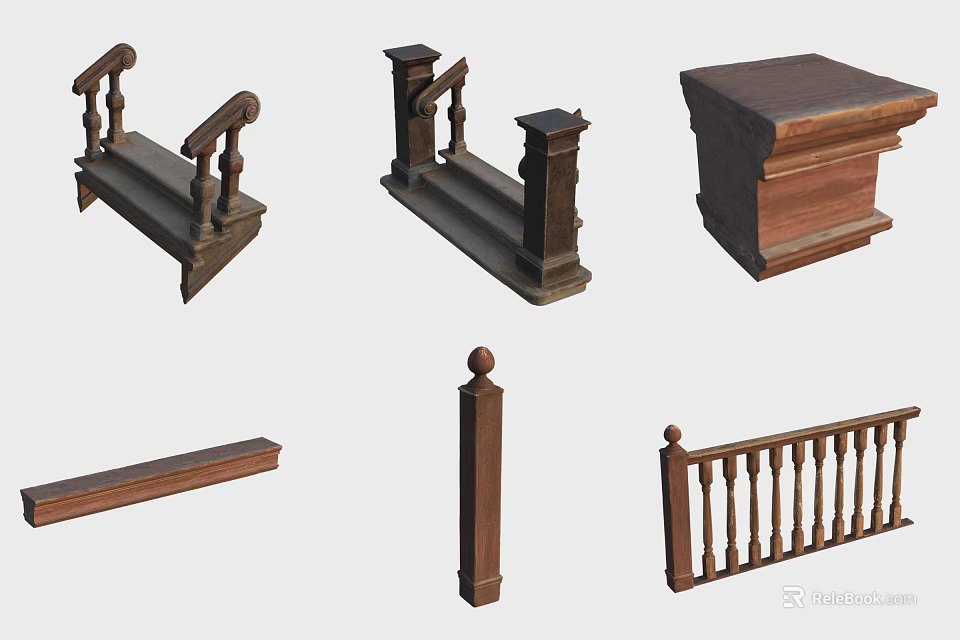Wooden Staircase Design Elements Including Steps Railings Posts And Handrails 3d model