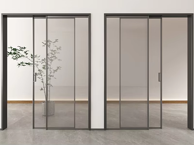 Modern Glass Double Doors With Black Frame Interior Design And Green Plant 3d model