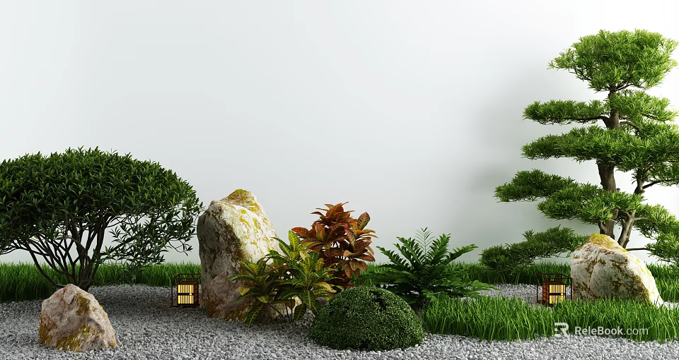 Zen Courtyard Garden Design With Natural Stone Various Plants Grass And Lanterns 3d model 