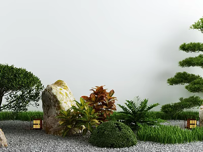 Zen Courtyard Garden Design With Natural Stone Various Plants Grass And Lanterns 3d model
