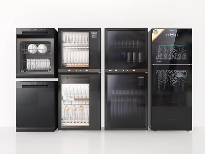 Stylish Black Kitchen Appliances with Glass Doors and Interior Dishes and Cups 3d model